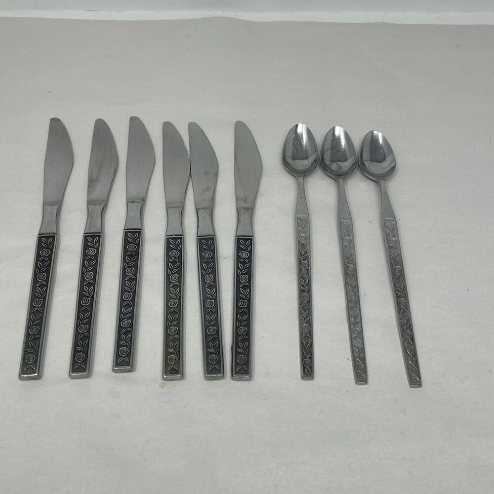 Eldan ELD11 Stainless Japan Mexicali Rose Table Knives & Ice Tea Spoons Set of 9